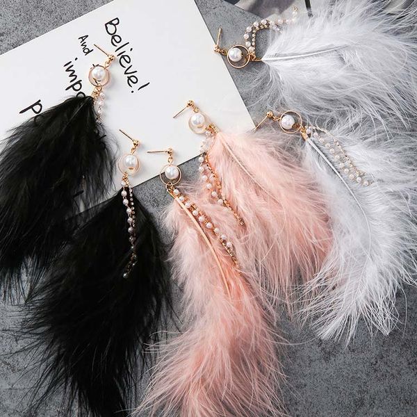 

japan korean fashion sweet feather drop earrings simulated pearls tassel rhinestone chains long dangle earring for women jewelry, Silver