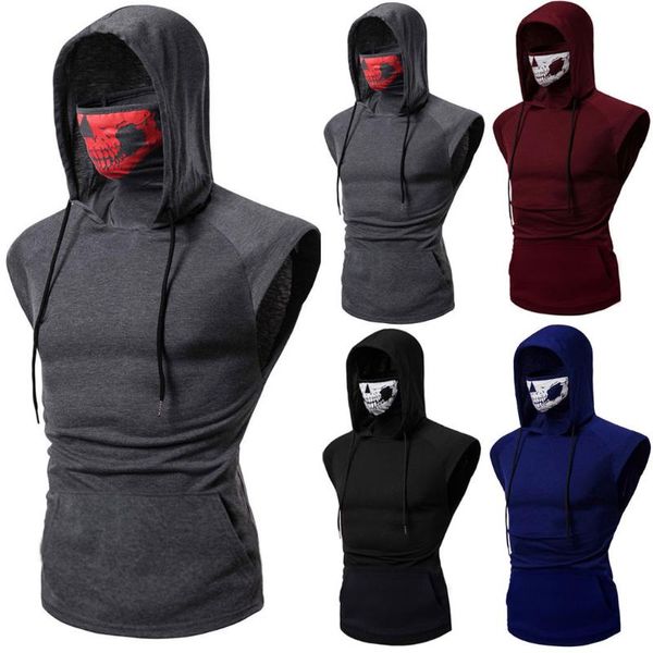 

brand mens skull mask button sports vest hooded fashion cotton tank bodybuilding fitness clothing camiseta 2019, White;black