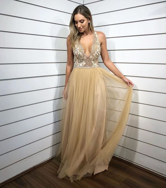 

sparkly sequined backless prom dresses deep v neck a line beaded formal dress floor length tulle plus size evening gowns, Black