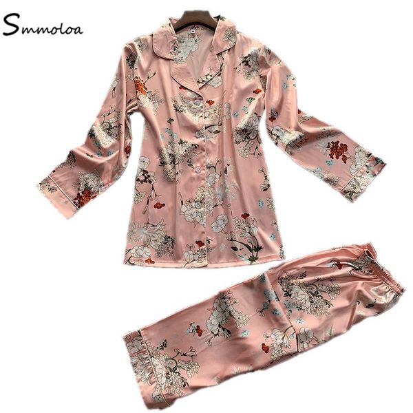 

smmoloa women silk satin pajama sets long sleeve sleepwear two pieces pijama suit 2019 spring new, Blue;gray