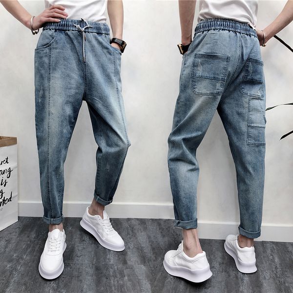 

spring summer men veintage ripped hole jeans ankle-length slim harem denim pants mid elastic waist pencil trousers streetwear, Blue