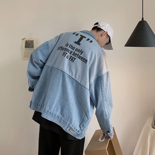 

2019 spring and autumn new youth simple letter print loose fashion casual denim jacket coat tide dark gray / blue m-xl, Black;brown
