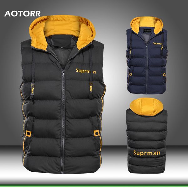 

mens jacket sleeveless vest hooded jacket casual cotton-padded coat men's warm vest men thicken waistcoat chalecos para hombre, Black