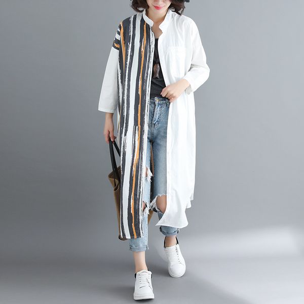 

women long sleeve loose casual stand collar striped print long shirt coat female streetwear boyfriend fashion cardigan shirts, White