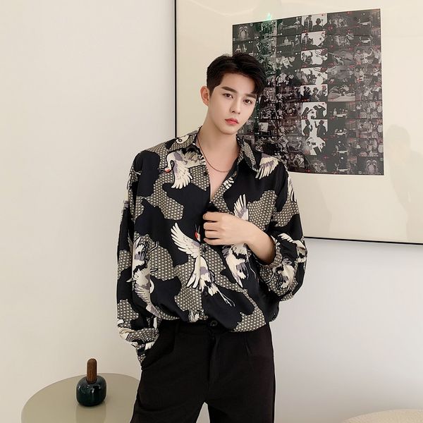 

men vintage pattern print casual loose long sleeve shirt male japan korea street shirt, White;black