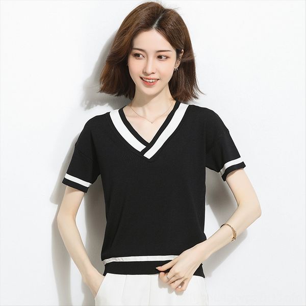 

ice silk v-neck short-sleeved t- loose shirt thin 2020 women's base shirt all-match women's, White