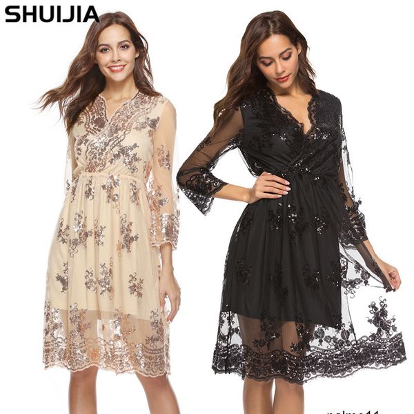 

womens designer long sleeve v-neck lace sequin dress 795v, Black;gray