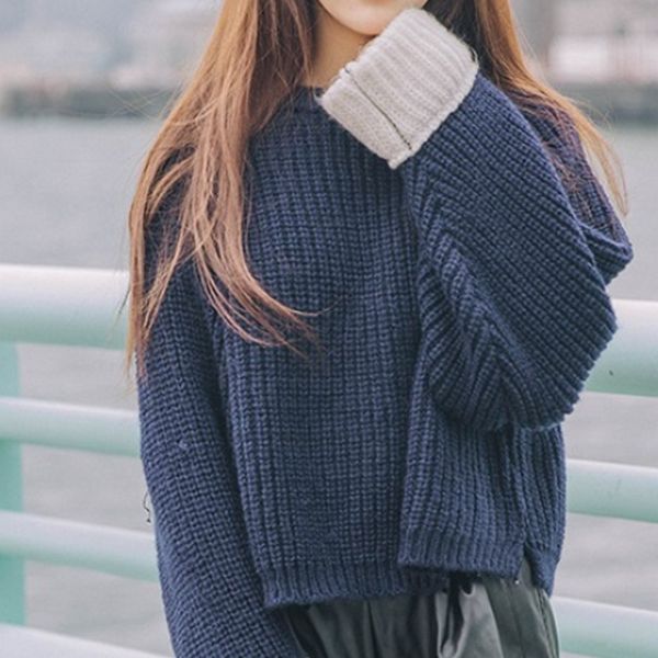 

women's sweaters fashion o-neck sweater korean vintage color block cuffs loose bat sleeve pullovers woman winter 2021, White;black