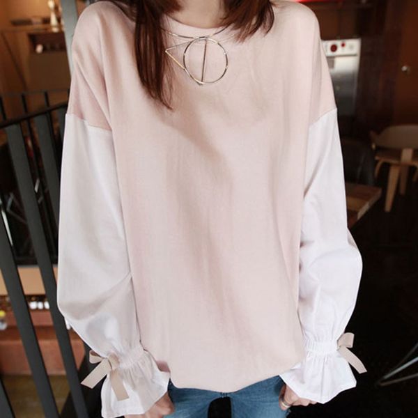 

o шеи весна осень сладкий свободный шоппинг повседневная flare рукавом бантом бинты хлопок женщины толстовка партии ежедневно мило, Black