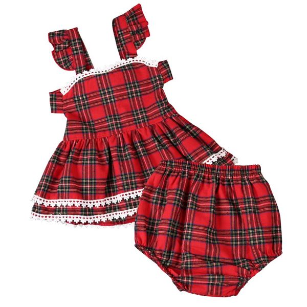 

2 piece summer baby girl set plaid strap british style dress mini dress + shorts clothing set, Red;yellow