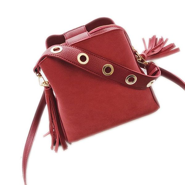 

fashion scrub women bucket bag vintage tassel messenger bag retro shoulder simple crossbody tote(red