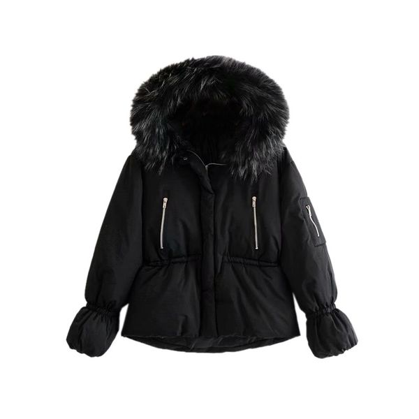 

slim large fur collar drawstring waist thickening cotton ladies warm comfortable cotton jacket, Black