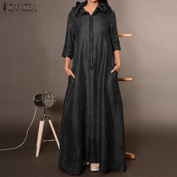 

zanzea women vintage hoodies dress autumn 3/4 sleeve zipper maxi long sundress elegant ladies work ol solid vestido kaftan robe, Black;gray