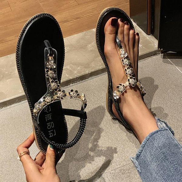 

2020 vintage boho sandals women shoes round toe summer casual tip toe flat with crystal flower sandals shoes zapatos de mujer, Black