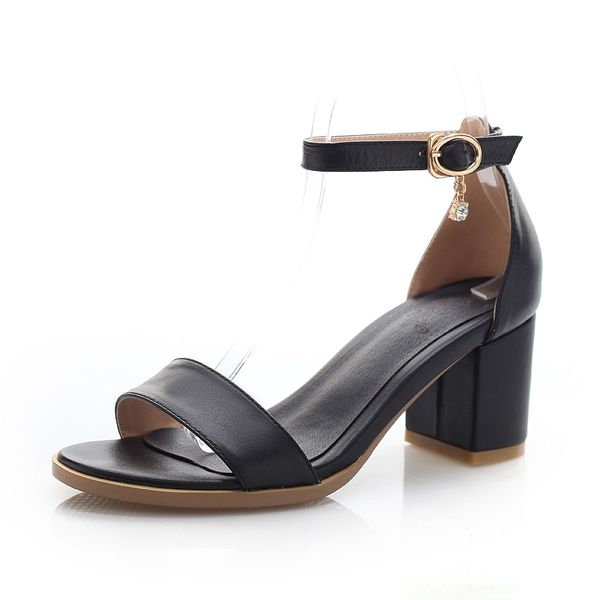 

summer genuine leather women sandals open toe block heels classic sandals women casual ankle strap concise party wedding shoes, Black