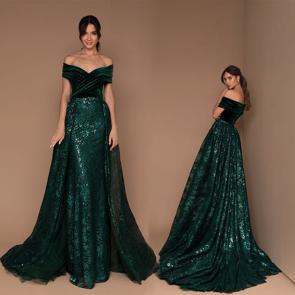 

sliviamo mermaid prom dress with detachable train off shoulder short sleeve sequins lace applique party dress sweep train robes de soirÃ©e, Black