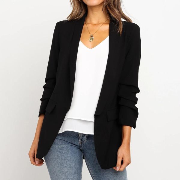 

blazer mujer 2019 women autumn plus size solid long sleeve notched pockets casual office overwear blazer mujer elegante, White;black