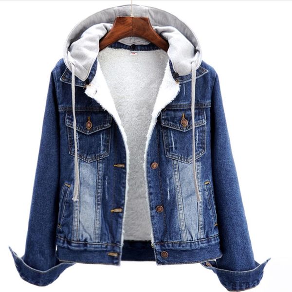 

women's jackets plus velvet denim jacket autumn and winter slim thick hooded women jeans coats size 5xl, Black;brown