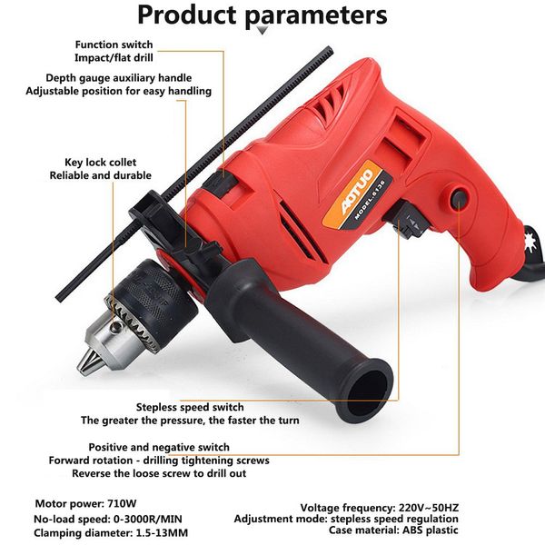 

710w electric drill hammer impact drill multi-function adjustable speed 220v household pistol multi-function power tools