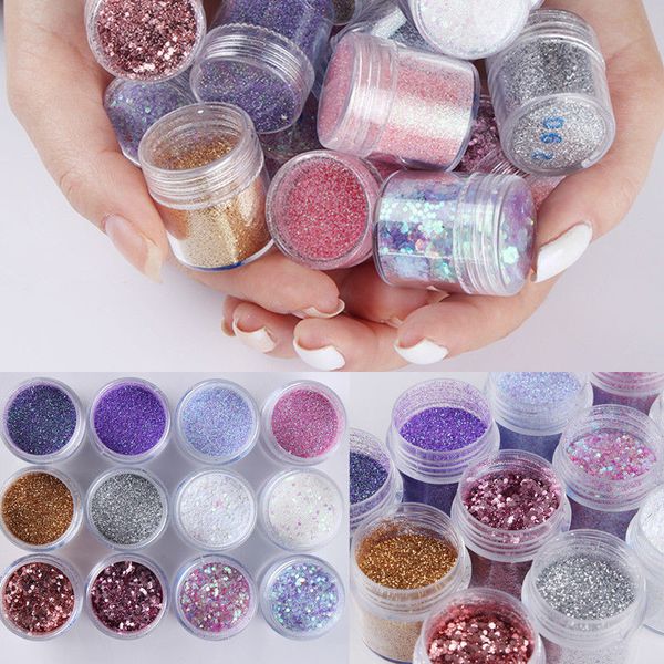 

12 boxes colorful nail sequins glitter powder sets tips paillette flakies manicure diy 3d nail art decoration 10ml, Silver;gold