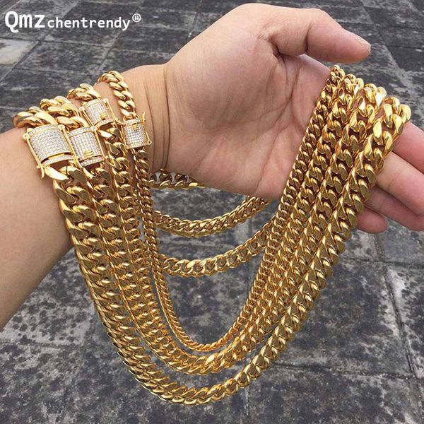 

hip hop 8/10/12/14mm cuban miami chain necklace stainless steel rhinestone clasp iced out gold casting chain men women jewelry, Silver
