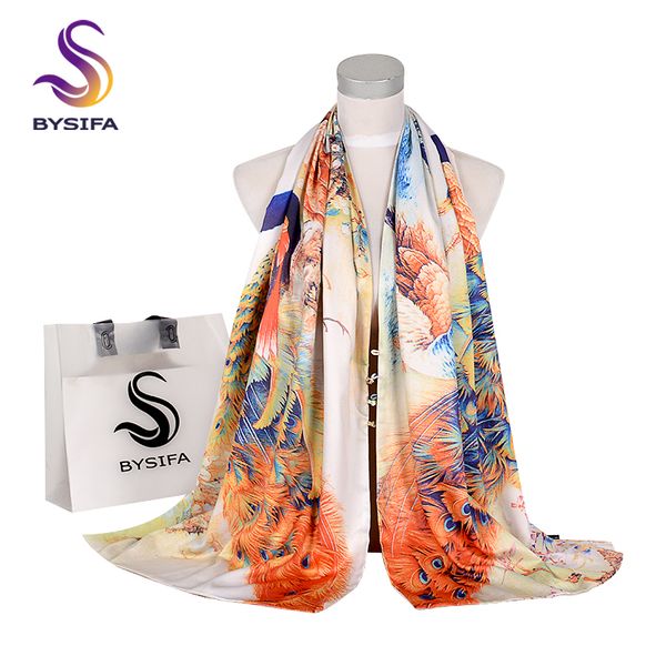 

bysifa] 2020 fashion scarf luxury women brand silk scarf shawl peacock design winter double faces buttons long scarves 175*50cm