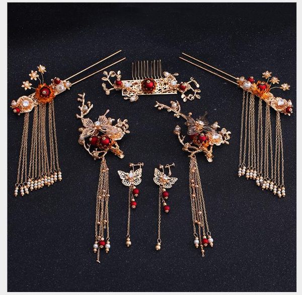

headwear golden antique hair hang hang hang suit red tassels with toast dress headwear chinese wedding celebration, Slivery;golden