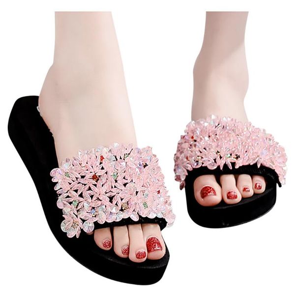 

flowers flip flops women's bohemian flower flat slippers summer non-slip beach shoes summer slipper women 2020 flip flop#0227, Black
