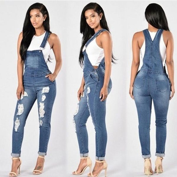 

2019 new women overalls cool denim trousers jumpsuit destroyed ripped holes casual slim jeans sleeveless pockets button rompers, Blue