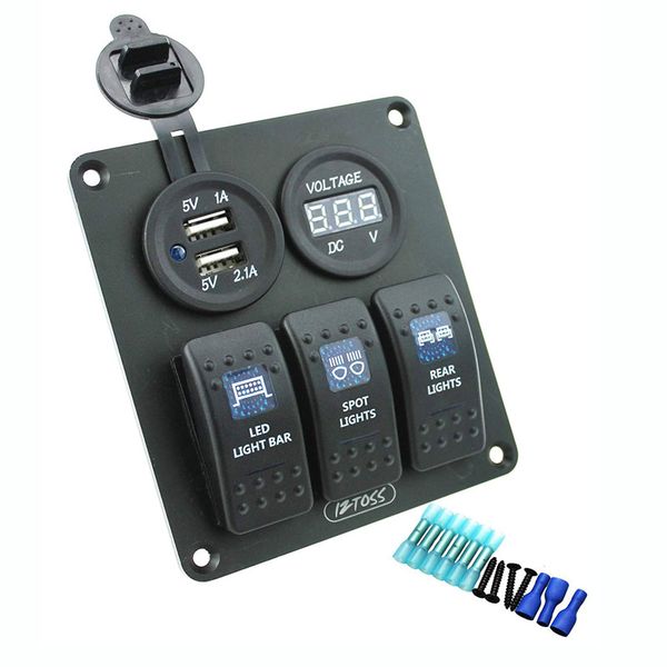 

3 gang rocker switch panel with power socket 3.1a dual usb wiring kits dc12v/24v for marine boat car rv vehicles truck blue led