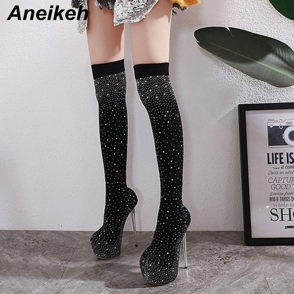 

aneikeh fashion glitter rhinestone elastic sock boots platforms high heels stretch over-the-knee boots women spring/autumn, Black