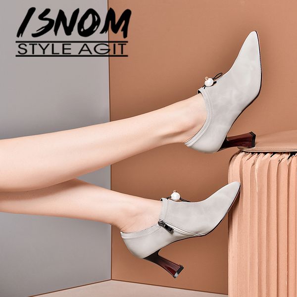 

isnom suede pumps pearl shoes chinese style strange heels pointed toe spring pumps women 2020, Black