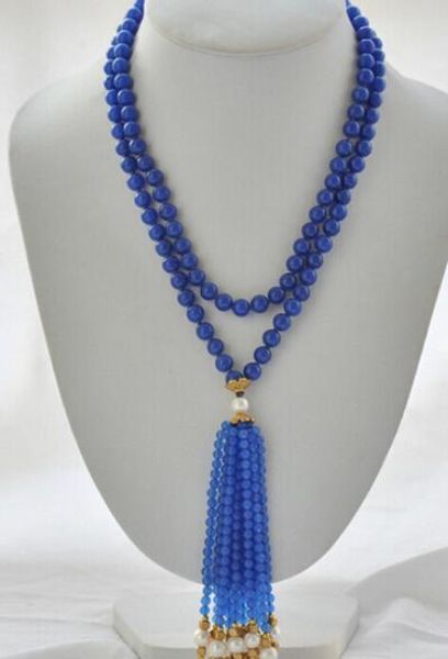 

+>8mm blue jade bead white round pearl necklace 40inch, Silver