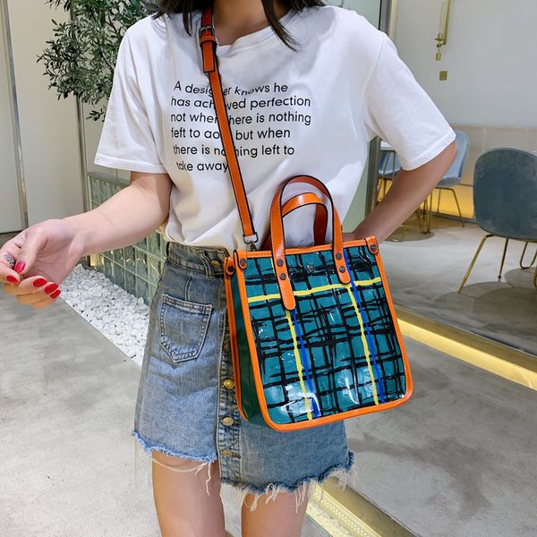 

jiulin women's new 2019 internet celebrity personality same wide shoulder plaid korean version transparent jelly colliding bags