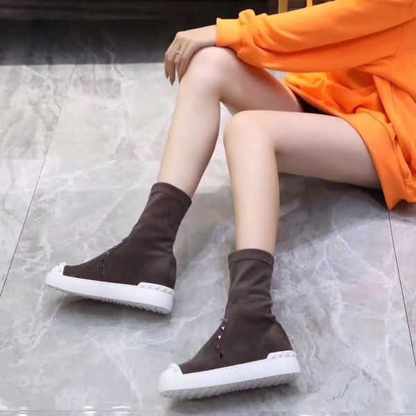 

fashionville ~2019092401 black/brown stretch stud flat sneakers boots invisible wedge