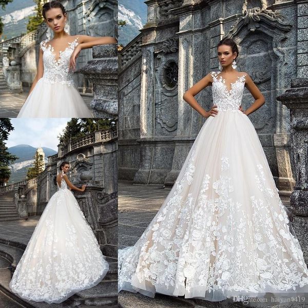 

country wedding dresses arabic jewel neck full lace appliques illusion keyhole backless sleeveless long train bridal gowns, White