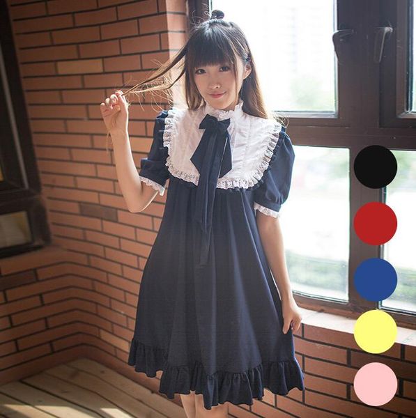 

japanese sweet lolita dress vintage lace stand bowknot puff sleeve victorian dress kawaii girl gothic lolita op cos loli maid, Black;red