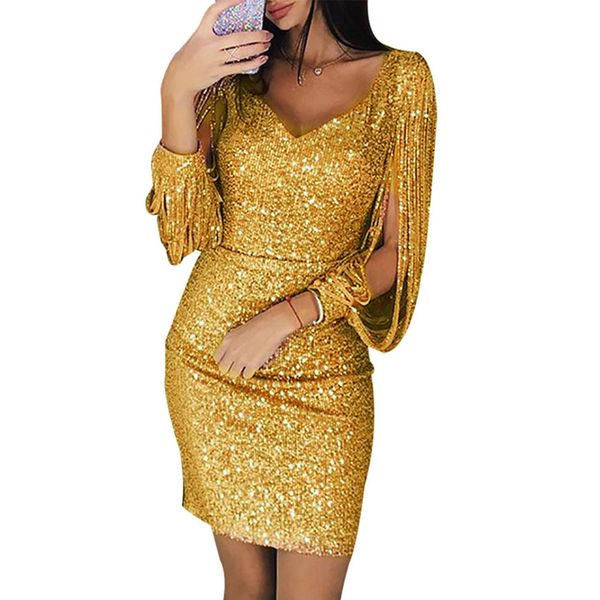 

tassels back zipper deep v neck party glitter elegant sequins cocktail evening women dress mini slit sleeve high waist, Black;gray