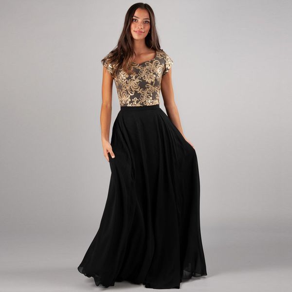 

elegant black a-line chiffon long bridesmaid dresses gold appliques short sleeve formal gown lace up back maid of honor dress, White;pink
