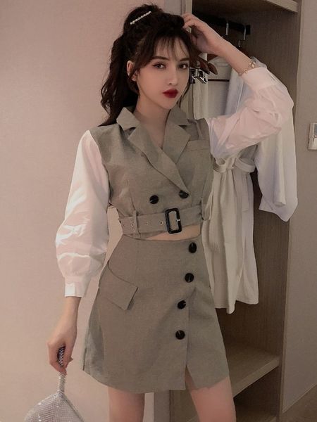 

fashion womens suit collar double buckle color matching short high waist slimming bag hip a- line skirt two-piece suit, Black;pink