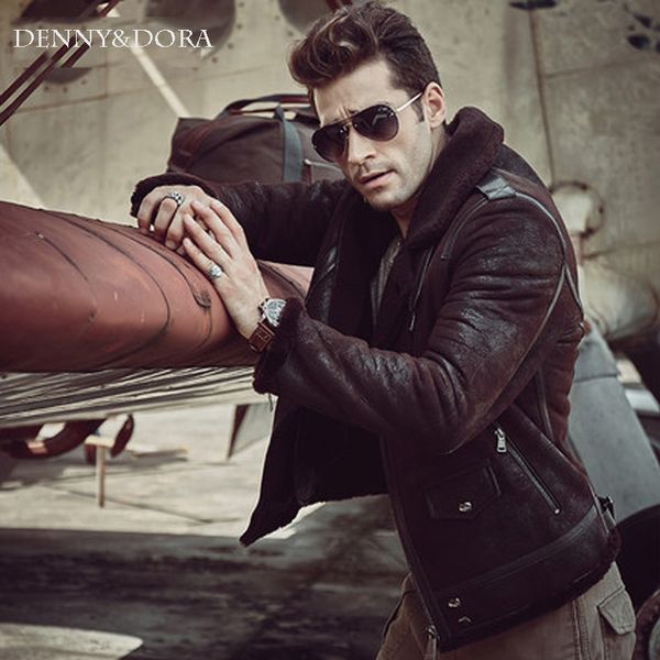 

2018 new style sheepskin shearling jacket handsome motorcycle jacket short coat lapel collar with fur, Black
