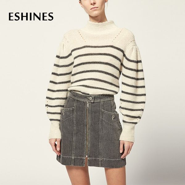 

eshines autumn women sweater casual turtleneck puff sleeve hollow out striped pullover knitting sweater, White;black