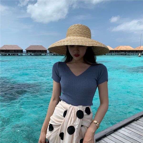 

xia xiaoxin short-sleeved v-neck slim and slim all-match pit knitted sweater female base solid color top, White