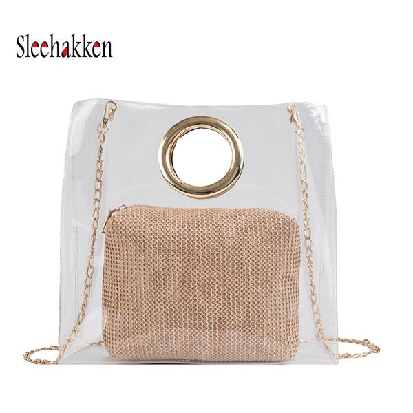 

women's woven beach bag summer transparent female bag chain shoulder ladies casual handbag jelly bolsos wicker