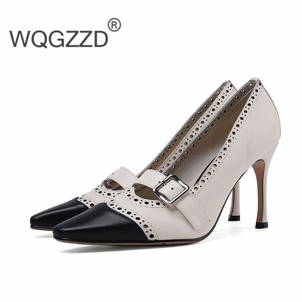 

chaussure femme 2020 new spring high heels shoes women's pumps genuine leather bullock buckle office ladies shoes zapatos mujer, Black