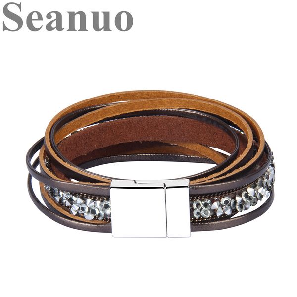 

seanuo 39cm long full cz crystal pave magnetic genuine leather wrap bracelet for men women charm punk wrap magnet bangle, Golden;silver