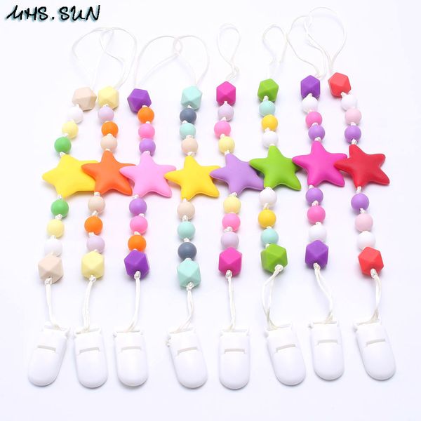 

mhs.sun colorful silicone teether baby necklace bpa cute star pacifier clips 5pcs/lot teething nursing dummy chain for kids, Silver