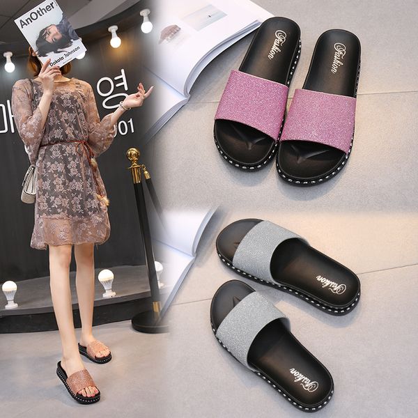 

women indoor floor flat shoes open toe anti slip home slippers beach flip flops mules slides bling sandal zapatillas de hombre, Black