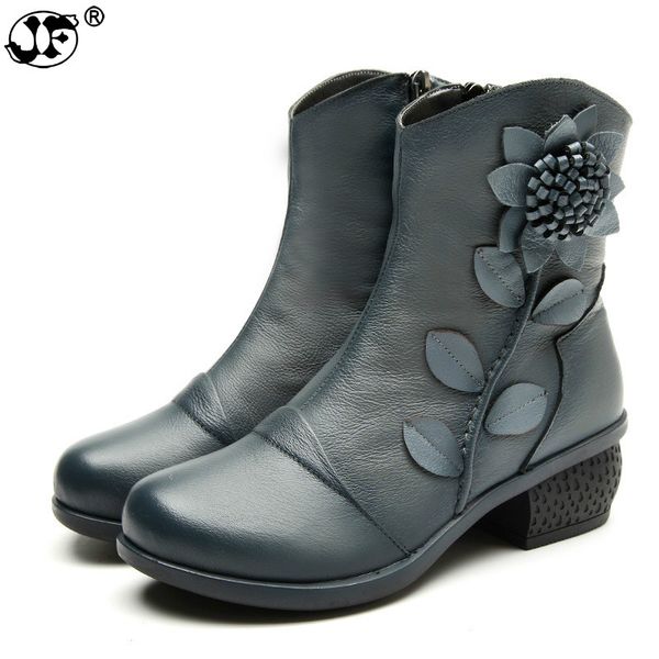

2019 new women's fashion winter warm genuine leather ankle boots women oblique zipper floral boots for women red black blue 7569