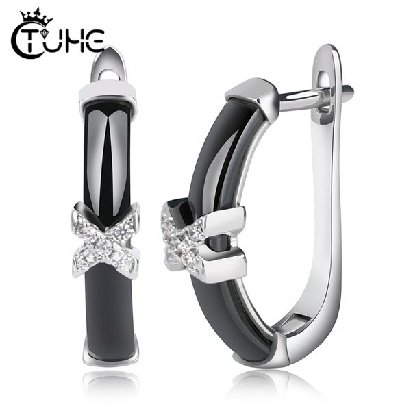 

2019 new u shape clip up women earrings with x crystal rhinestone healthy black white ceramic earring for women wedding jewelry, Golden